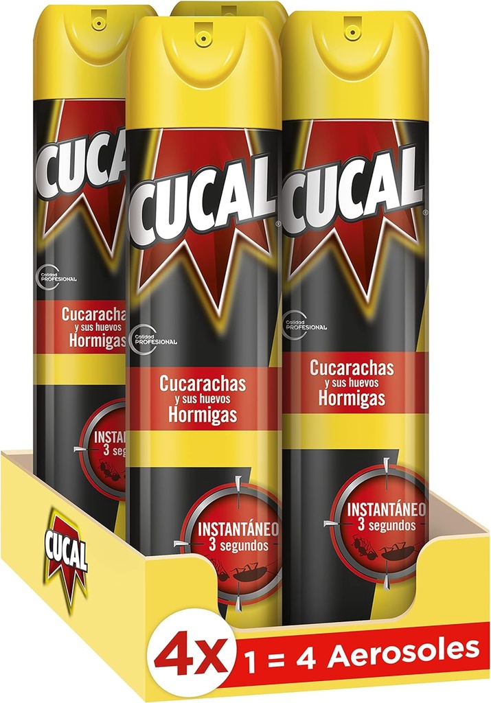 Cucal Insecticida Aerosol Instant contra Cucarachas, Hormigas y sus nidos (Pack de 4x 400ml., Total 1600ml) Insecticida para insectos rastreros eficaz en 3 segundos